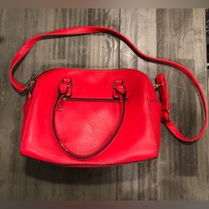 NWOT red Faux leather crossbody satchel bag two handles animal print lining